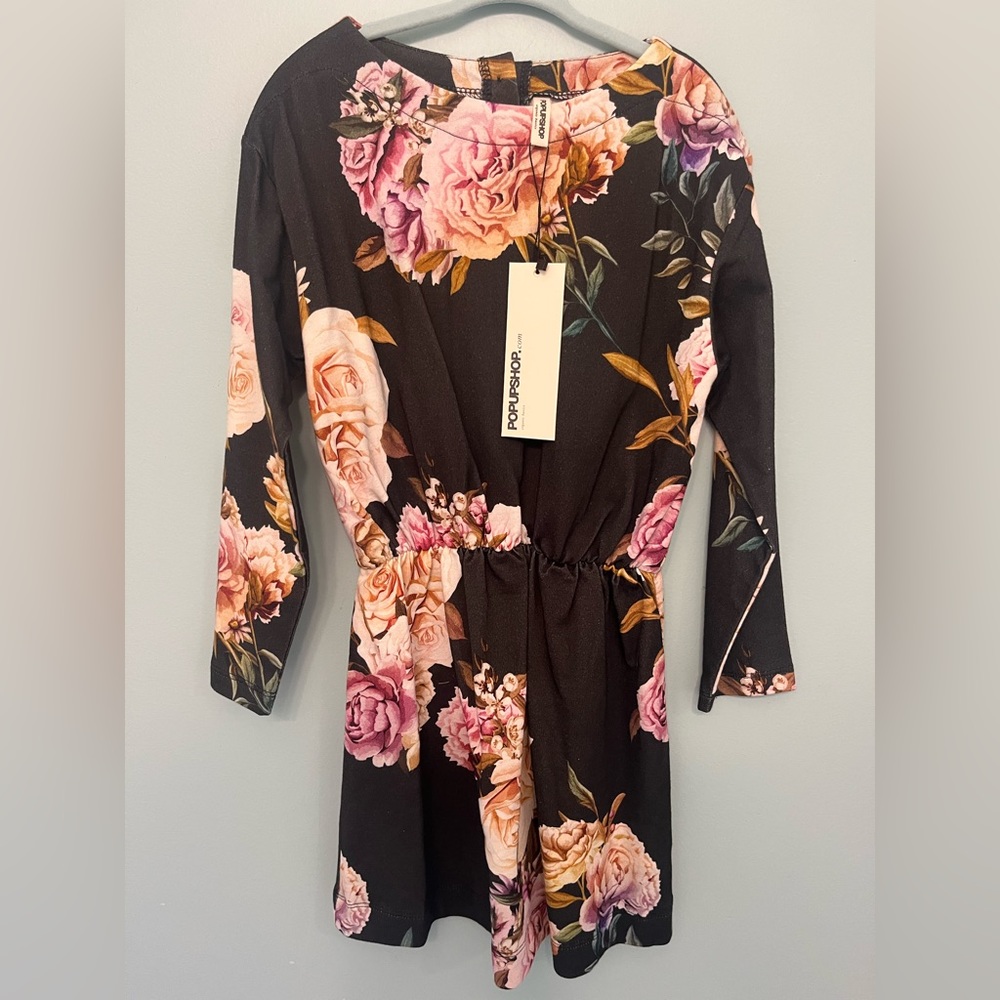 Girls' Black Floral Long-Sleeve Dress